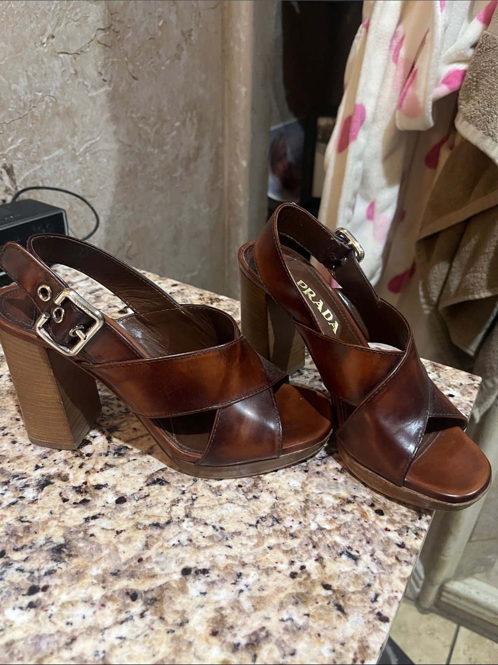 Prada Brown Leather Crossover Block Heel Sandals with Gold Buckle